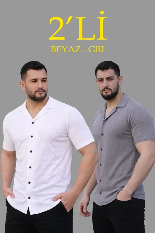 Erkek Waffle Dokuma Açık Yakalı Düğmeli Regular Kalıp 2’li Gömlek Seti - Beyaz & Gri