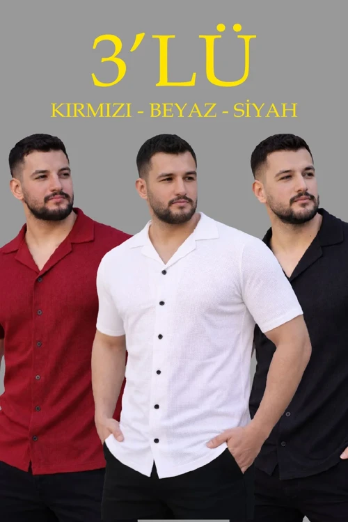 Erkek Waffle Dokuma Açık Yakalı Düğmeli Regular Kalıp 3’lü Gömlek Seti - Siyah, Kırmızı, Beyaz