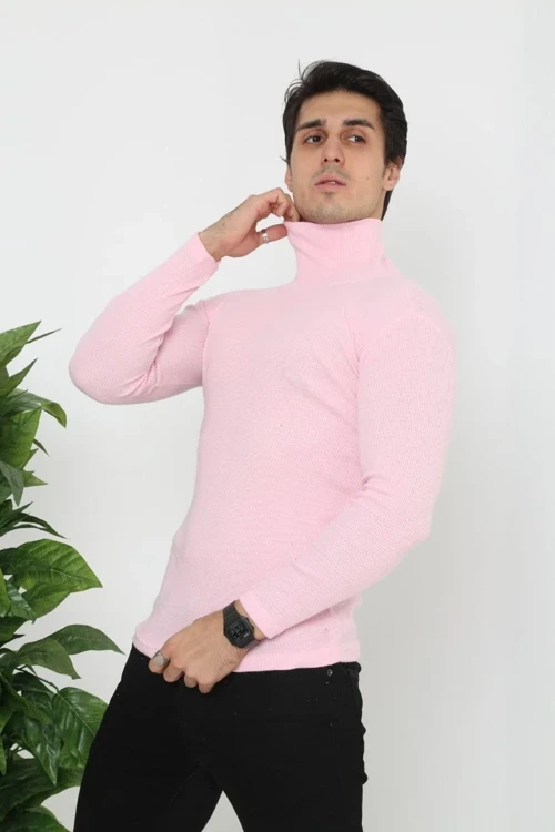 Erkek Kaşkorse Boğazlı Full Likralı Fitilli Body Kazak - Toz Pembe