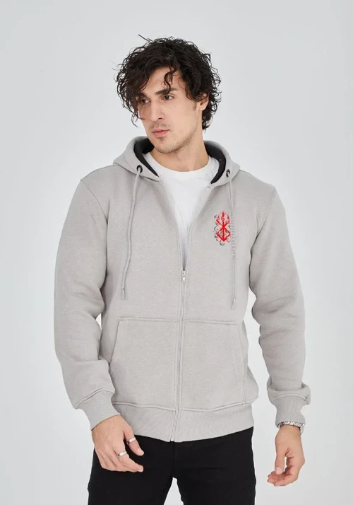 ERKEK Baskılı Tam Fermuarlı Kapşonlu SweatShirt - Boyalı Gri