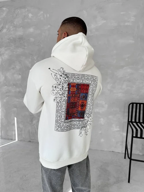 Erkek üç iplik pamuklu Kapüşonlu Ön Ve Arka Baskılı SweatShirt - Beyaz
