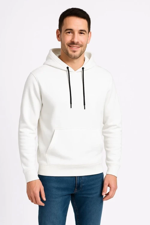 Erkek Üç İplik Kapüşonlu Kanguru Cepli SweatShirt hoodie - Beyaz