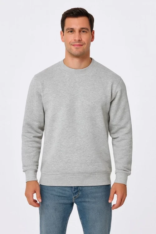 Erkek Üç İplik Düz Bisiklet Yaka SweatShirt - Gri