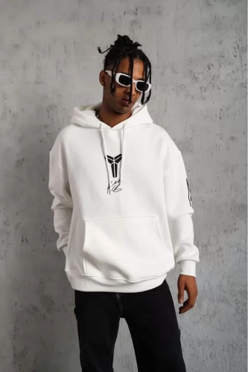 ERKEK Sırt Baskılı Kapüşonlu Üç İplik Oversize Sweatshirt - Beyaz