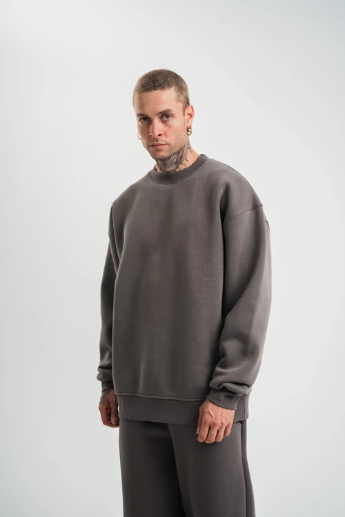 Erkek Uzun Kol Bisiklet Yaka 3 iplik Pamuklu Kışlık SweatShirt - Füme