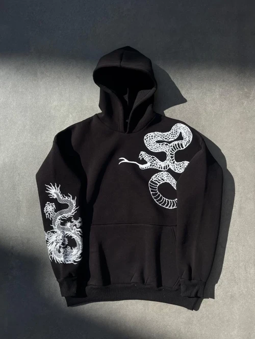 Erkek üç iplik pamuklu Kapüşonlu Baskılı SweatShirt - Siyah