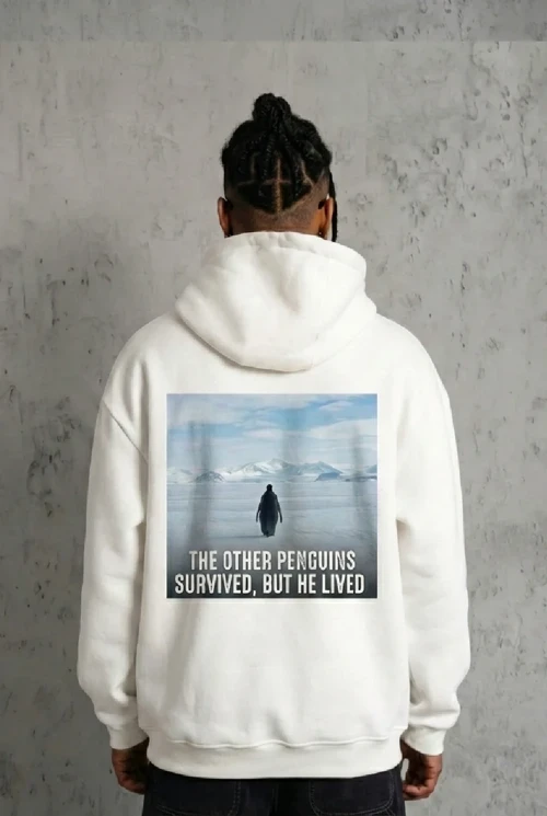Siyah Oversize - Sırt Baskılı "Survivor Penguin" Temalı Felsefi Yazılı Kapüşonlu - Beyaz