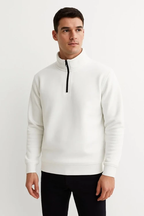 Erkek Dik Yaka Sweatshirt Dik Yaka Yarım Fermuarlı 3 İplik Şardonlu Pamuk Kumaş - Beyaz