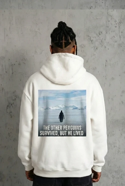 Siyah Oversize - Sırt Baskılı "Survivor Penguin" Temalı Felsefi Yazılı Kapüşonlu - Beyaz
