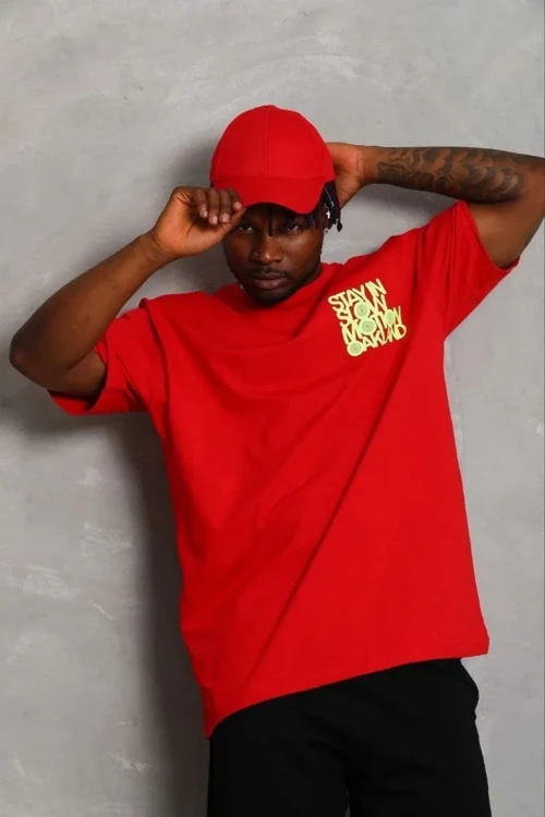 Erkek Baskılı T-Shirt Kısa Kol Bisiklet Yaka Regular Fit Rahat Kalıp Günlük Tişört - Kırmızı