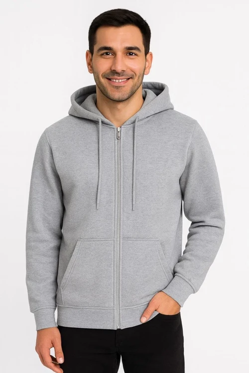 Erkek Üç İplik Kapüşonlu Tam Fermuarlı Kanguru Çepli SweatShirt Hoodie - Gri