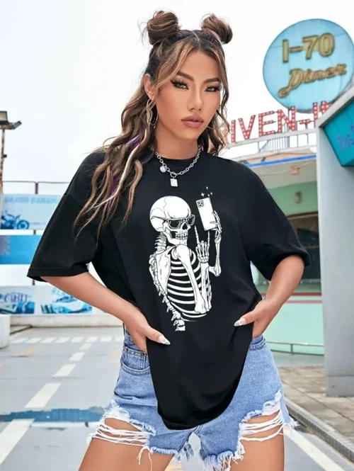 Baskılı Kadın Kısa kol T-shirt - Siyah