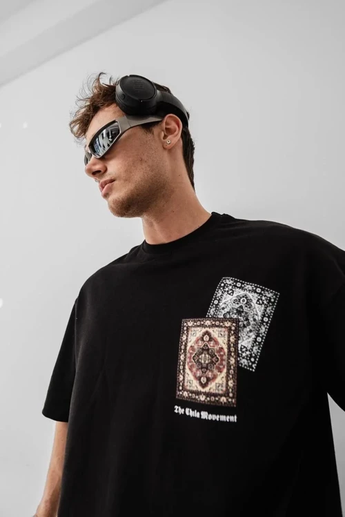 Erkek Baskılı Oversize Kısa kol T-shirt - Siyah