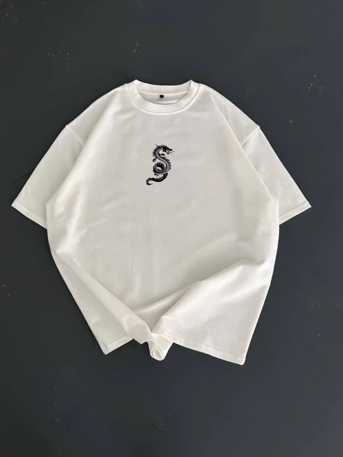 Erkek Baskılı Oversize Bisiklet Yaka Kısa kol T-shirt - Beyaz