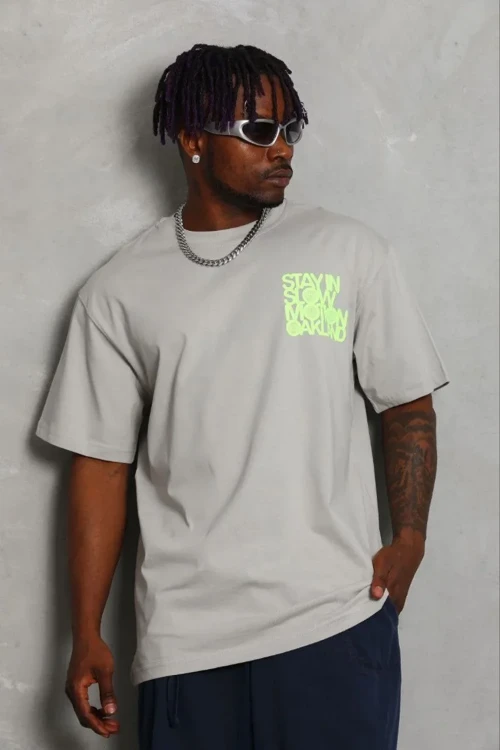 Erkek Baskılı T-Shirt Kısa Kol Bisiklet Yaka Regular Fit Rahat Kalıp Günlük Tişört - Gri