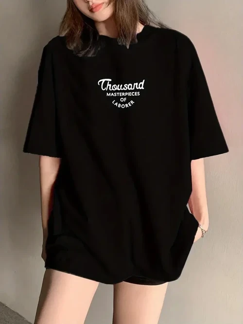 Kadın Thousand Baskılı Oversize Bisiklet Yaka T-shirt - Siyah