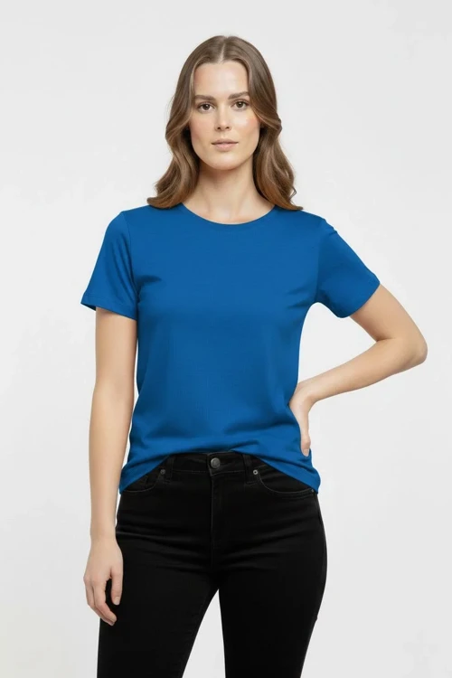 Kadın T-Shirt Bisiklet Yaka Slim Fit Likralı Tişört Günlük Basic Body - İndigo