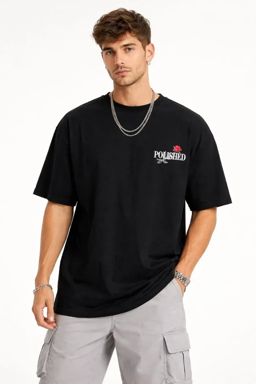 Erkek Bisiklet Yaka Baskılı Kısa Kollu Tişört Streetwear Günlük Basic Pamuklu T-shirt - Siyah