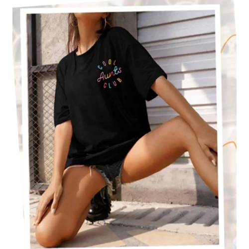 Kadın Baskılı Ovarsize Kısa kol T-shirt - Siyah