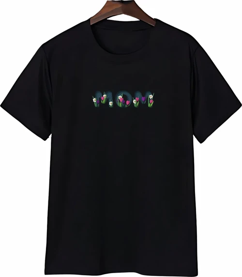 Anneler Gününe Özel Tasarım Mom Çiçek Baskılı T-Shirt - Siyah
