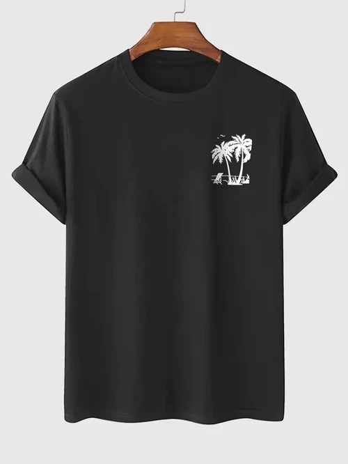 Erkek Palmiye Baskılı Bisiklet Yaka Kısa Kol Yazlık T-shirt - Siyah
