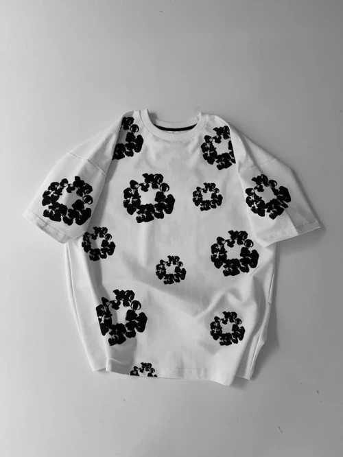 Erkek Ön ve Arka Baskılı Oversize Bisiklet Yaka T-shirt- Beyaz