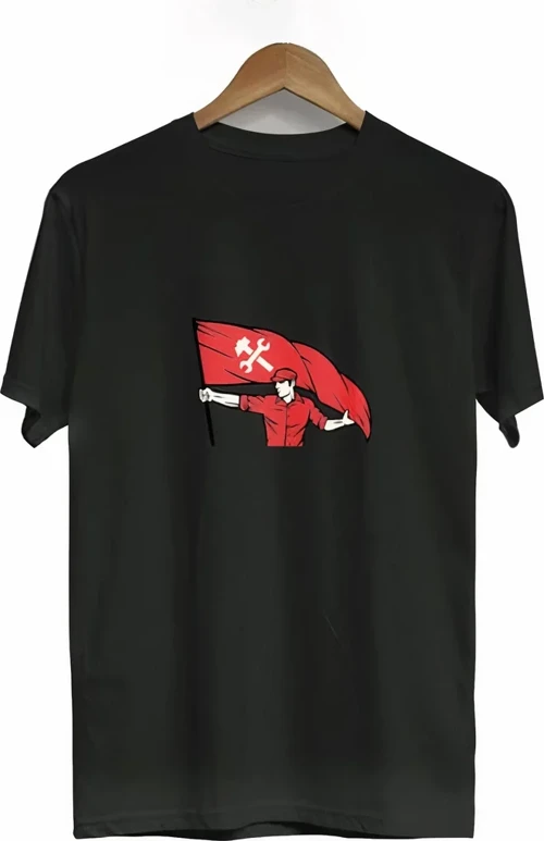 1 Mayıs Emekçilerimiz İçin Özel Tasarım Bayraklı Emekçi Baskılı T-shirt - Siyah