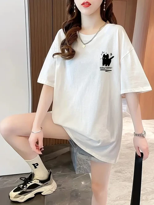 Kadın Penye Compack Tatlı Kedi Baskılı Bisiklet Yaka T-shirt - Beyaz