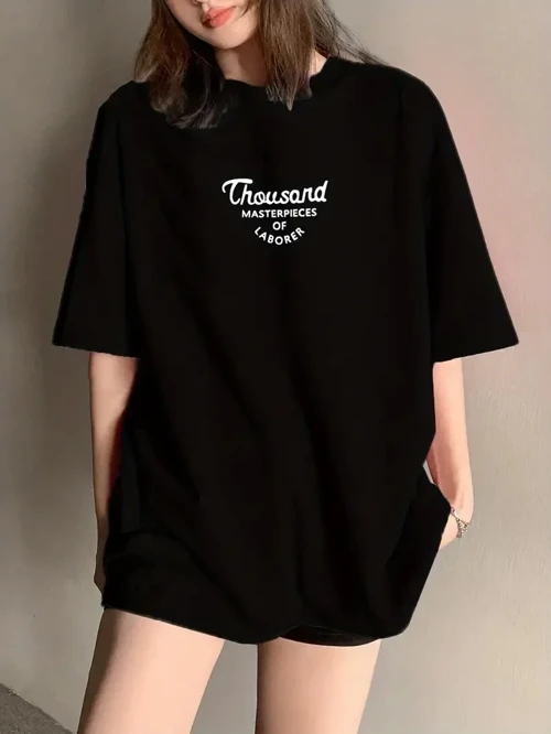 Kadın Thousand Baskılı Oversize Bisiklet Yaka T-shirt - Siyah
