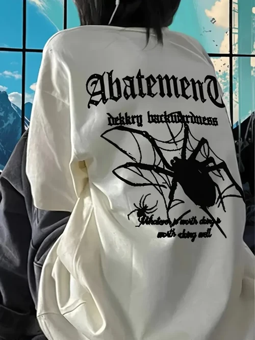 Kadın Örümcek Baskılı Bisiklet Yaka T-shirt - Beyaz