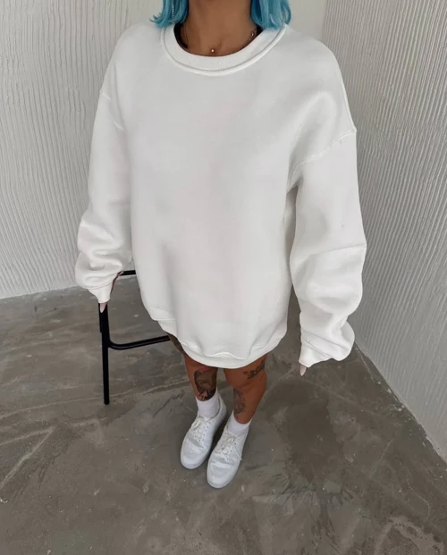 Kadın Kışlık Bisiklet Yaka Üç İplik Basic SweatShirt - Beyaz