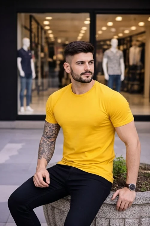 Erkek Bisiklet Yaka Slim Fit dar kesim Likralı Tişört - Sarı