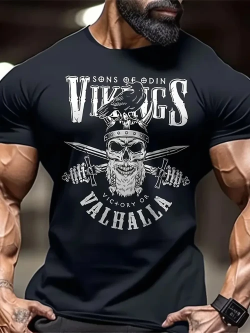 Erkek Bisiklet yaka ön ve arka Vikings Valhalla T-shirt - Siyah