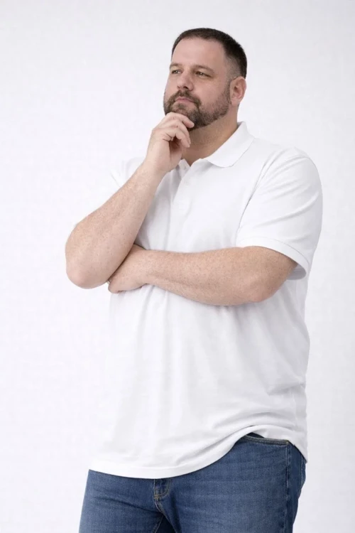 Erkek Pike Kumaş Düğmeli Yaka Battal Büyük Beden Günlük Kısa kol Tişört T-shirt - Beyaz