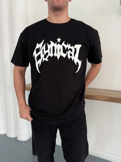 Erkek Bisiklet Yaka Ön Baskılı Kısa Kollu Tişört Streetwear Günlük Basic Pamuklu T-shirt - Siyah
