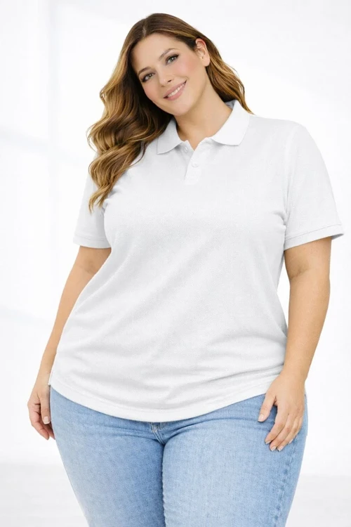 Kadın Pike Kumaş Düğmeli Yaka Battal Büyük Beden Günlük Kısa kol Tişört T-shirt - Beyaz