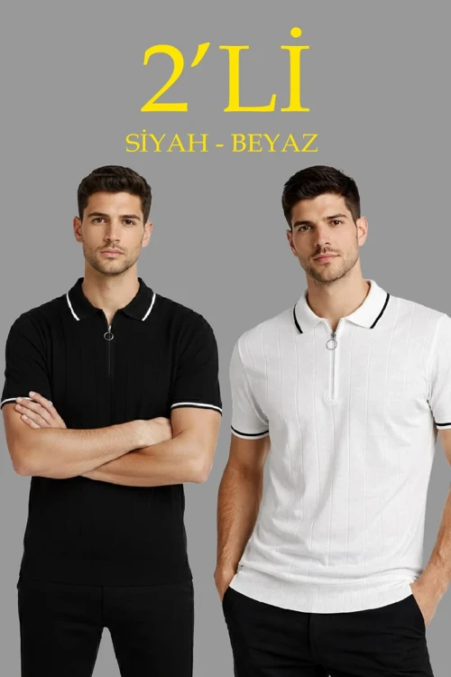 Erkek 2’li Paket Dokuma Triko Fermuarlı Yakalı Fitilli Kısa Kollu Regular - Beyaz & Siyah