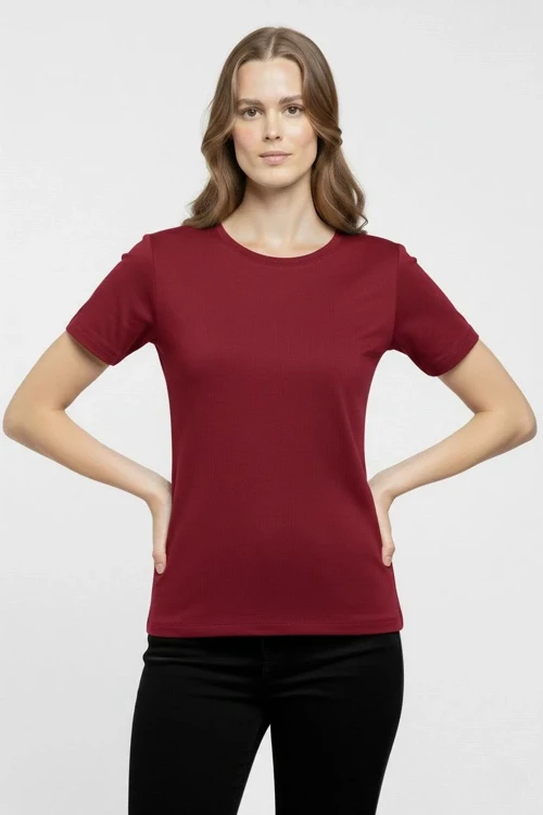 Kadın Bisiklet Yaka Slim Fit Likralı Tişört - Bordo