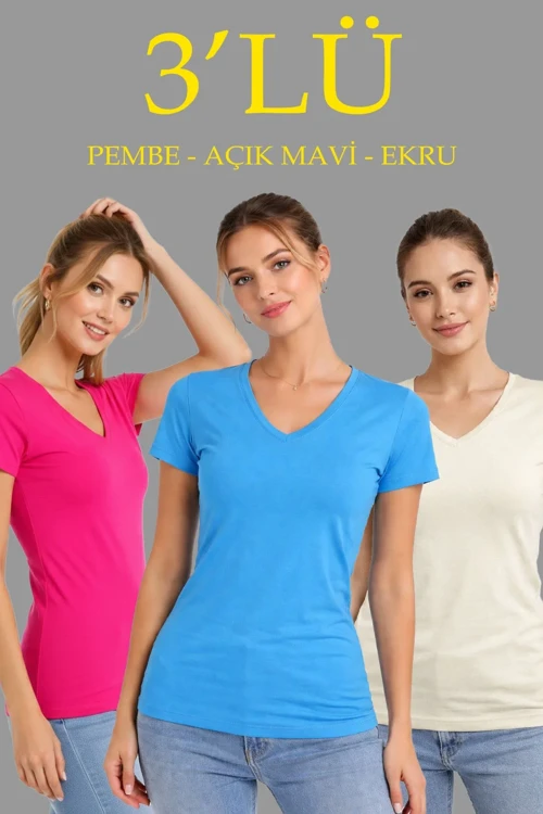 Kadın 3'lü V Yaka Tişört – Kısa Kollu Yazlık Slim Fit Body - Pembe, Açık Mavi, Ekru
