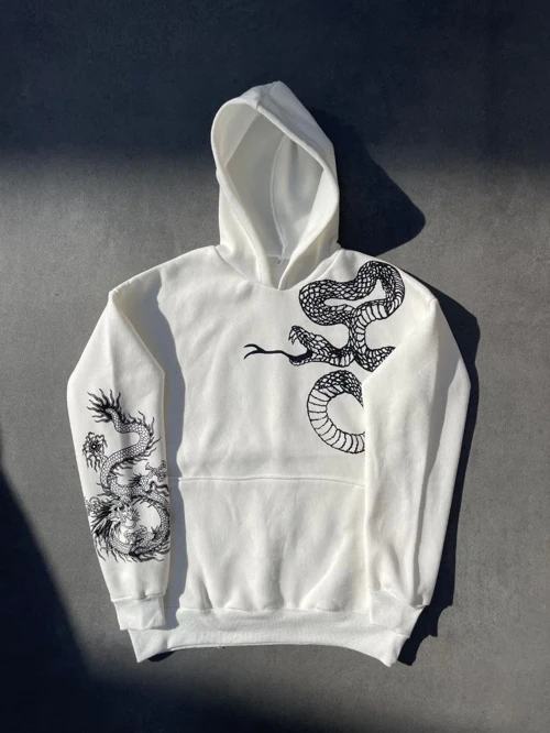 Kadın üç iplik Kapüşonlu Baskılı SweatShirt - Beyaz