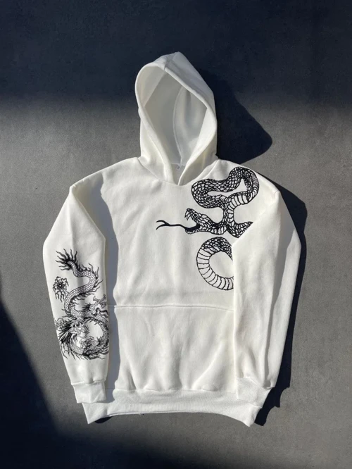 Kadın üç iplik Kapüşonlu Baskılı SweatShirt - Beyaz