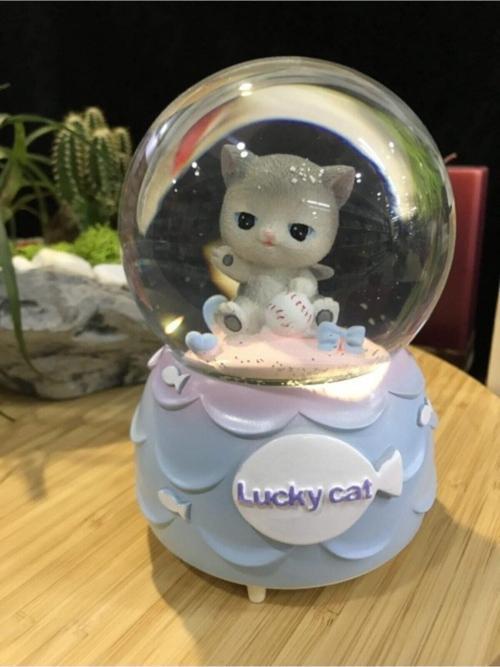 Telex Kar Tanesi Püskürtmeli Işıklı Şanslı Sevimli Kedi Lucky Cat Kar Küresi Müzik Kutusu