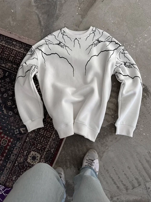 Kadın üç iplik pamuklu Yıldırım Baskılı Bisiklet Yaka SweatShirt - Beyaz