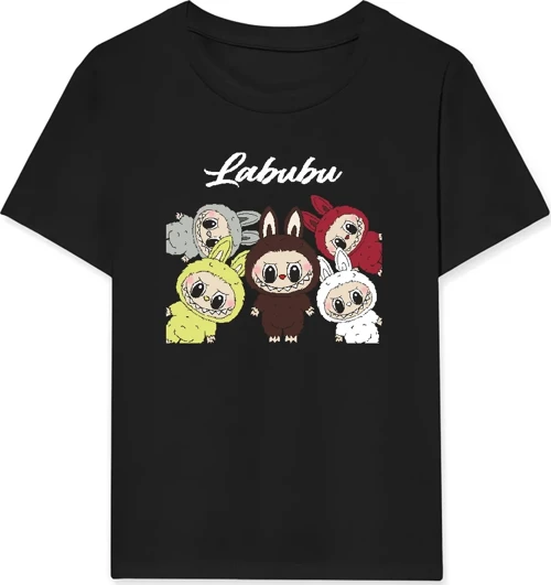 Kız Labubu Çocuk Baskılı T-Shirt - Siyah