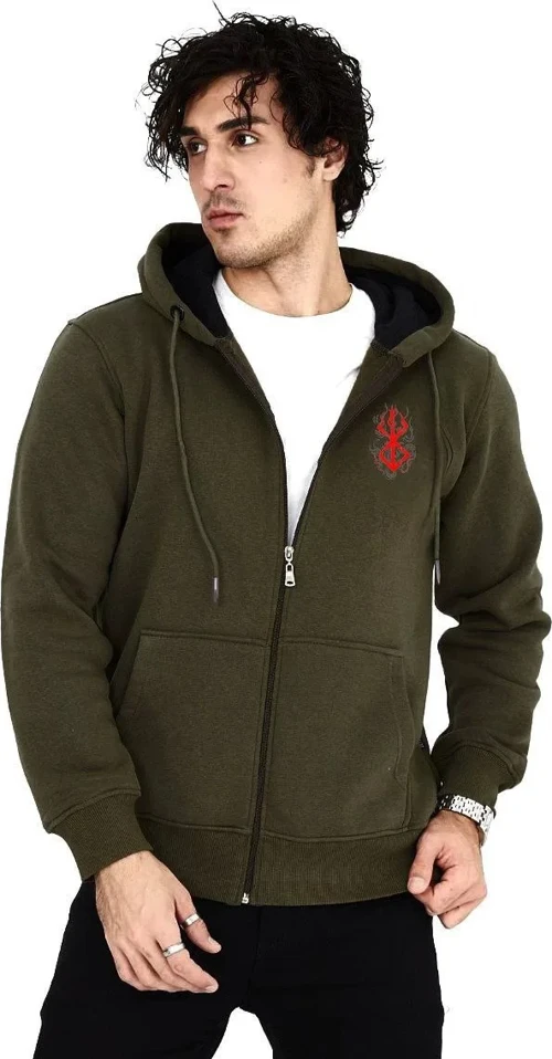 ERKEK Baskılı Tam Fermuarlı Kapşonlu SweatShirt - Haki