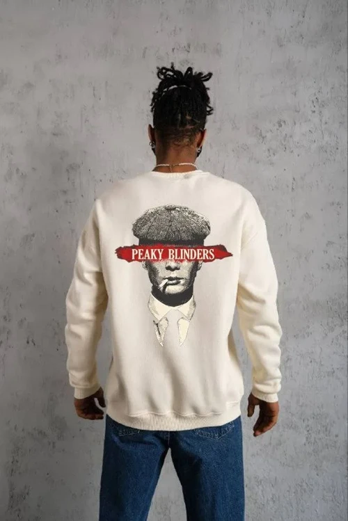 ERKEK Bisiklet Yaka Baskılı Oversize Sweatshirt - Beyaz