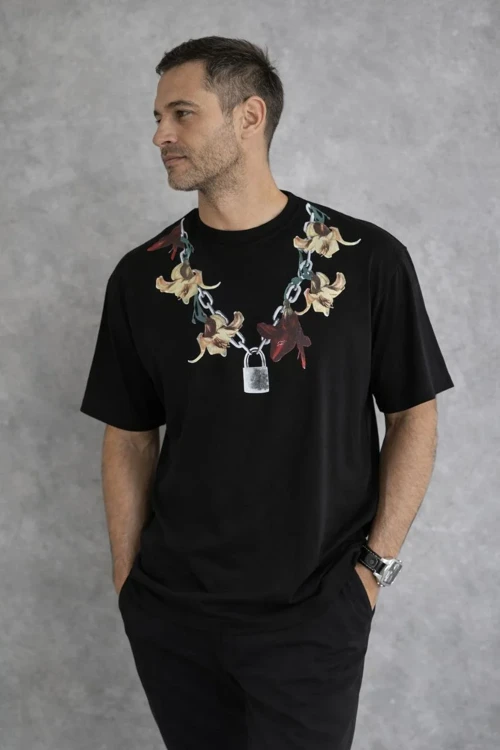 Erkek Baskılı T-Shirt Kısa Kol Bisiklet Yaka Regular Fit Rahat Kalıp Günlük Tişört - Siyah