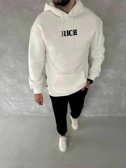 Erkek üç iplik pamuklu Kapüşonlu Göğüs Baskılı SweatShirt - Beyaz