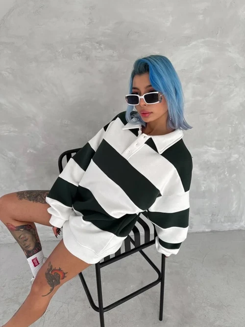Kadın Üç İplik Parçalı Yakalı SweatShirt - Yeşil