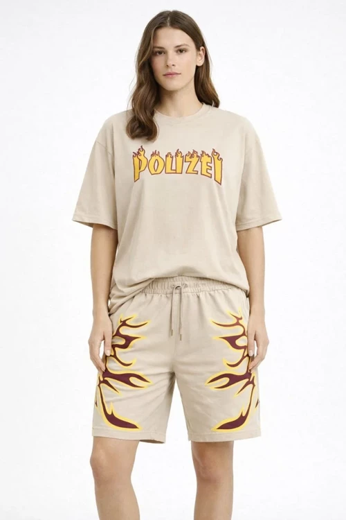 Kadın Bej Oversize Baskılı Tişört Şort Takım Cepli Şort Yazlık Rahat Günlük Kombin - Bej